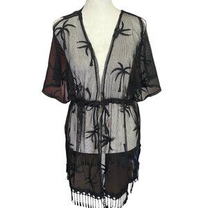 Miken Swim womens S mesh black short sleeve tasseled palm tree swimsuit cover-up